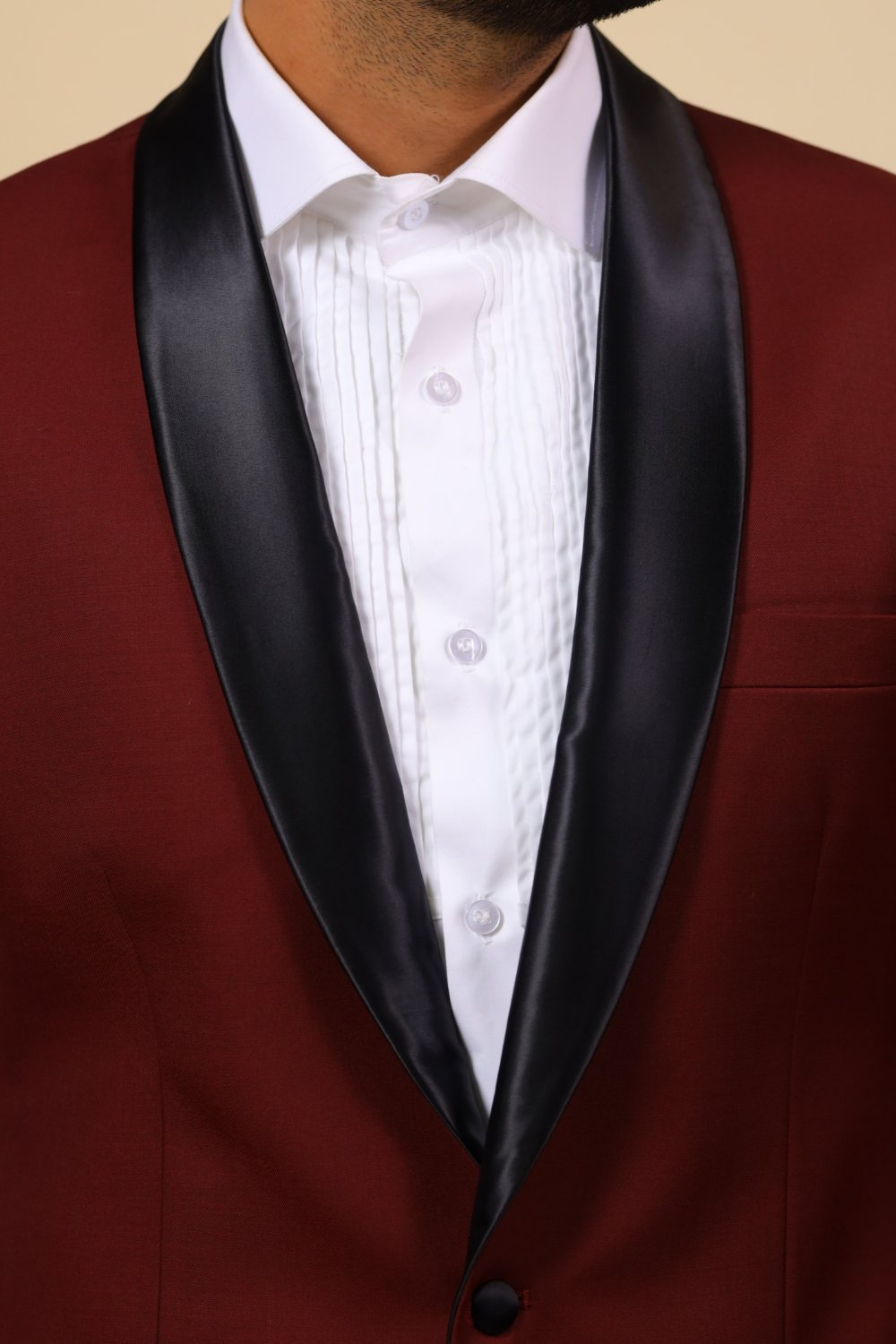 Burgundy Designer Tuxedo With Black Satin Lapels by Hilo Design | Grocsy