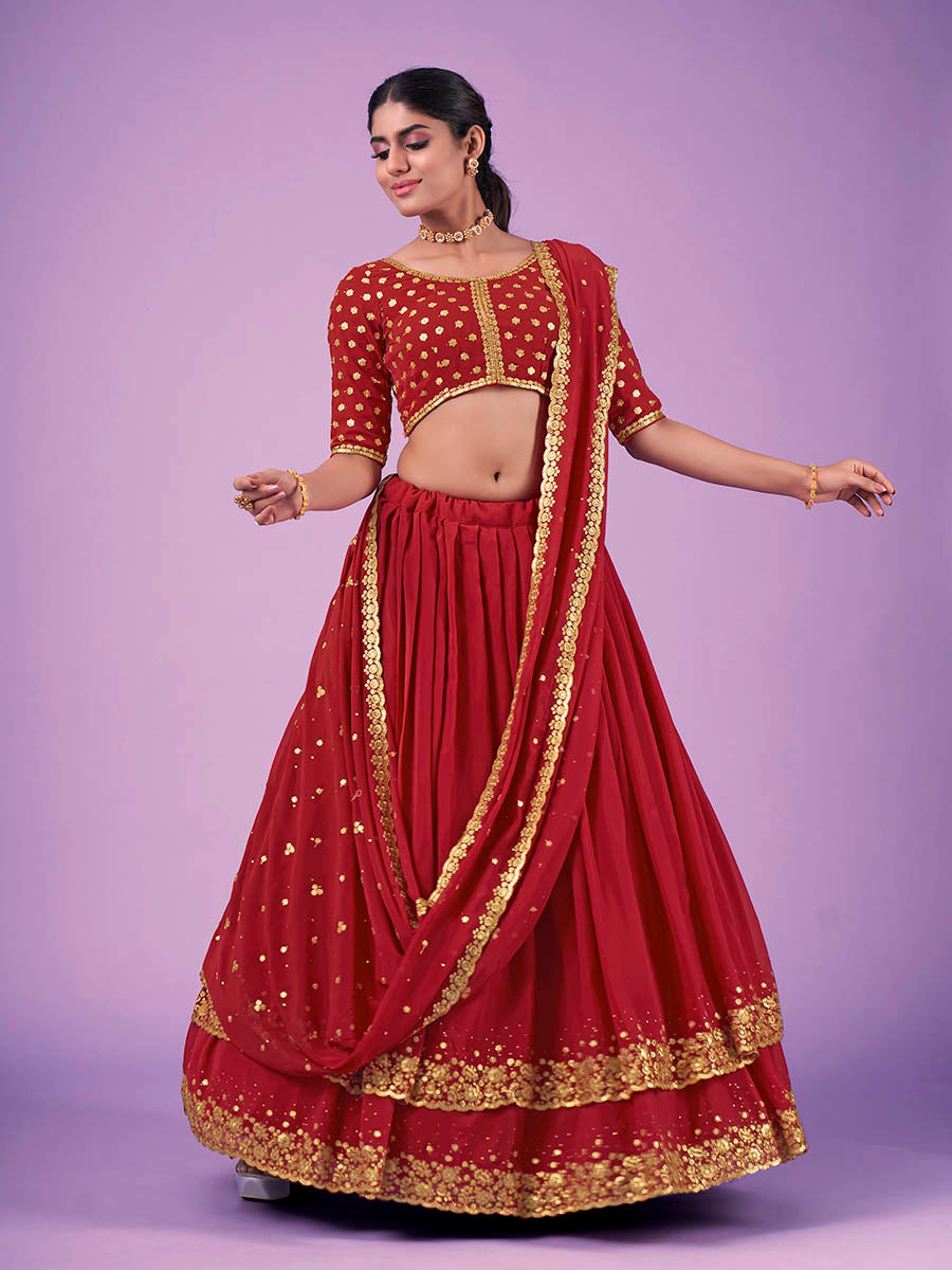 Myra Red Georgette Embroidered Designer Lehenga | Grocsy