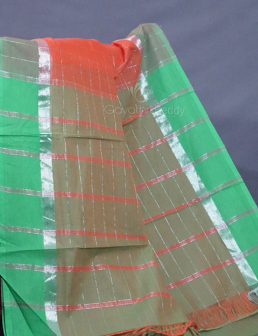 Dual Shade of Tomato Peach And Aqua Green Pure Mangalgiri Cotton By Gayathri Reddy Designer Studio | Grocsy