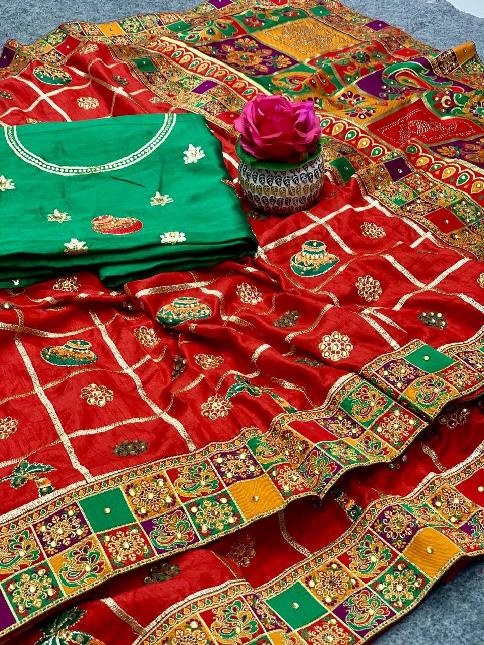 Lorenvalley Fashion Premium Red Dola Silk Embroidery and Diamond work with Jacquard Lace Border Saree | Grocsy