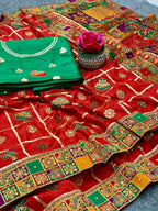Lorenvalley Fashion Premium Red Dola Silk Embroidery and Diamond work with Jacquard Lace Border Saree | Grocsy