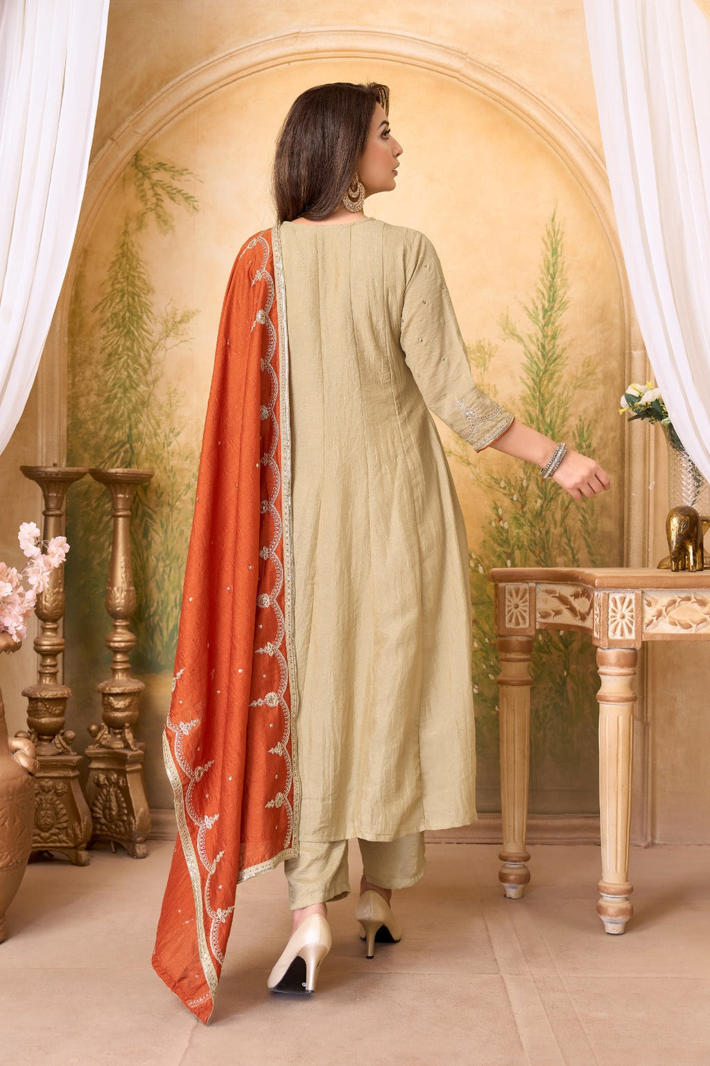 Anaita Cream Rust Anarkali Readymade Suit with Embroidery Work | Grocsy