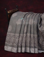 Grey Colored Block Printed Semi Chanderi Saree By Gayathri Reddy Designer Studio | Grocsy