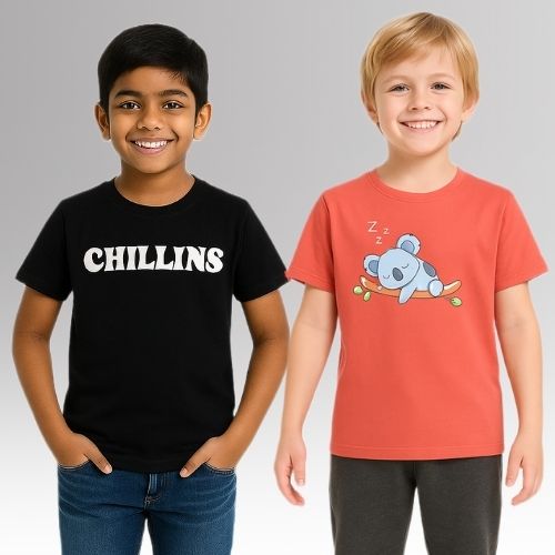 Chilins Round Black, Peach Neck Printed Cotton Tshirt(Pack of 2) | Grocsy