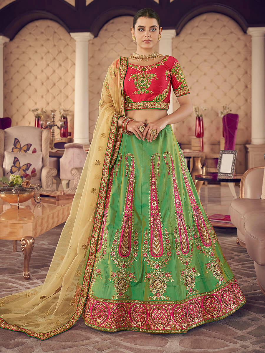 Myra Green Art Silk Jaquard Embroidered Lehenga | Grocsy