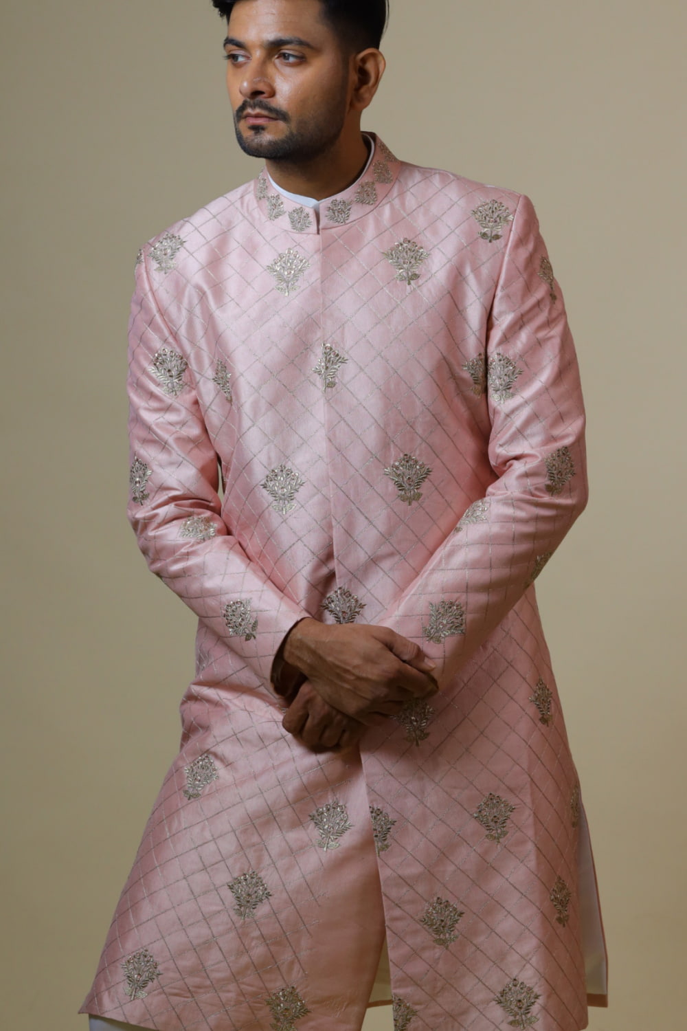 Light Coral Embroidered Designer Men's Sherwani by Hilo Design | Grocsy