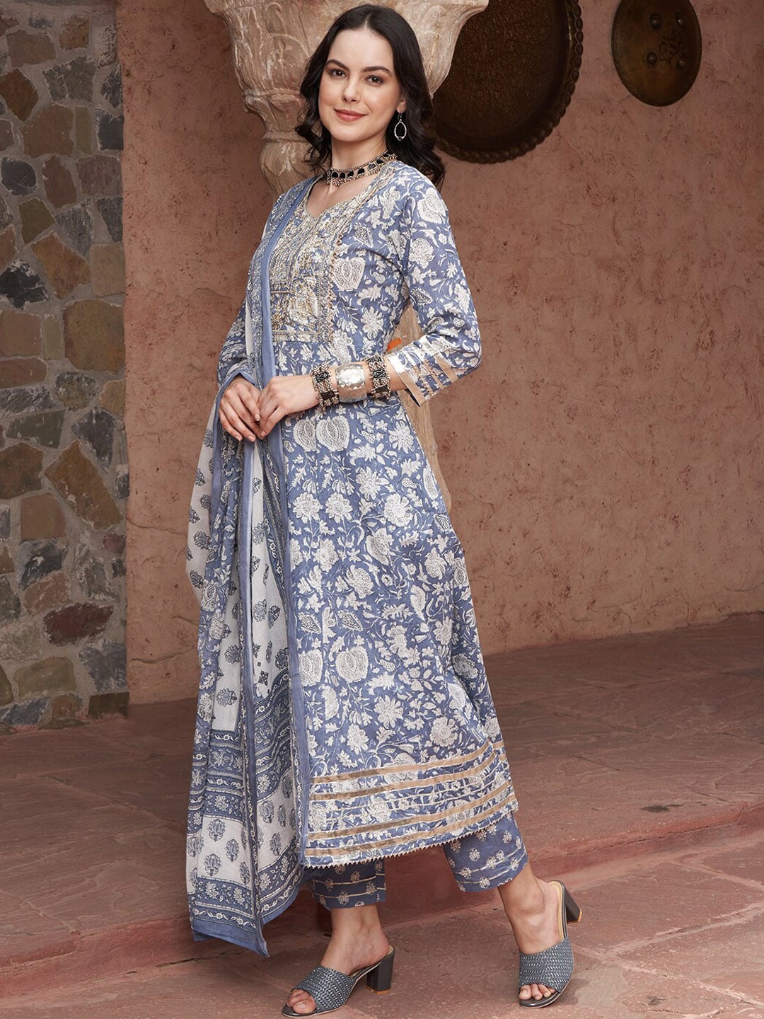 Sangria Blue Printed Thread Work Pure Cotton Empire A-Line Kurta with Trousers & Dupatta | Grocsy
