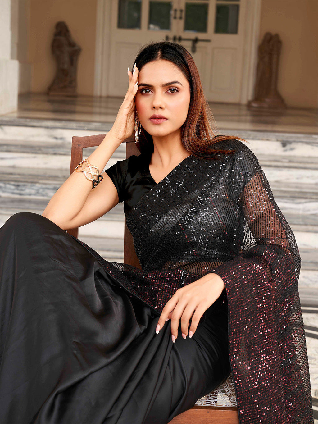 Tikhi Imli Sequinned Satin Heavy Work Saree | Grocsy
