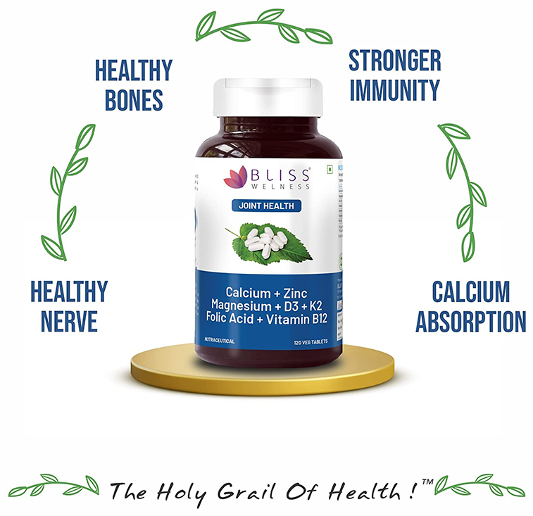Bliss Welness Joint Health Calcium + Zinc Megnesium + D3 + K2 Veg Tablet | Grocsy