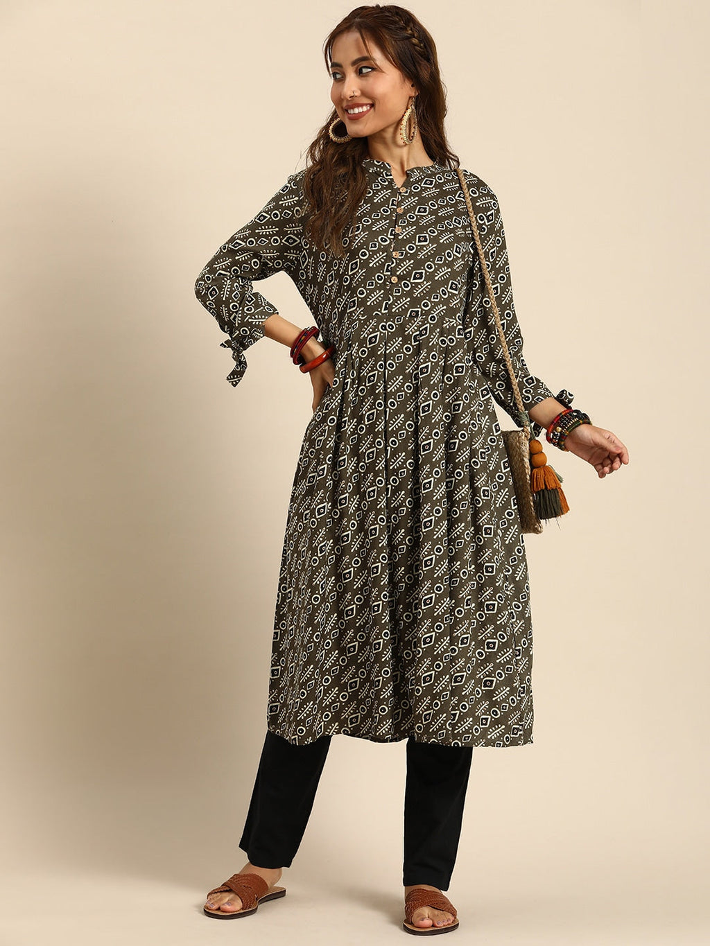 Sangria Women Ethnic Motifs Printed Mandarin Collar Anarkali Kurta | Grocsy
