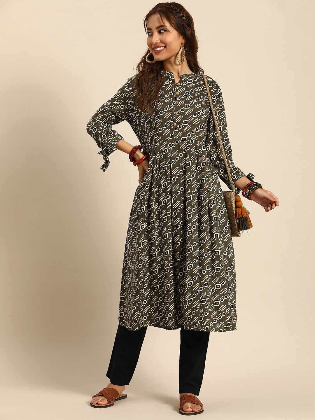 Sangria Women Ethnic Motifs Printed Mandarin Collar Anarkali Kurta | Grocsy