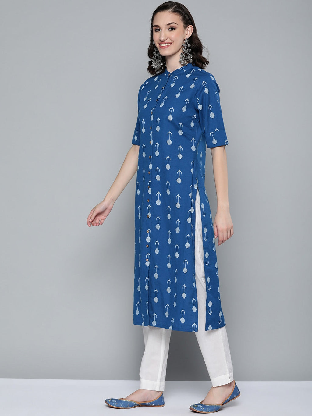 HERE&NOW Women Blue & White Ethnic Motifs Printed Kurta | Grocsy