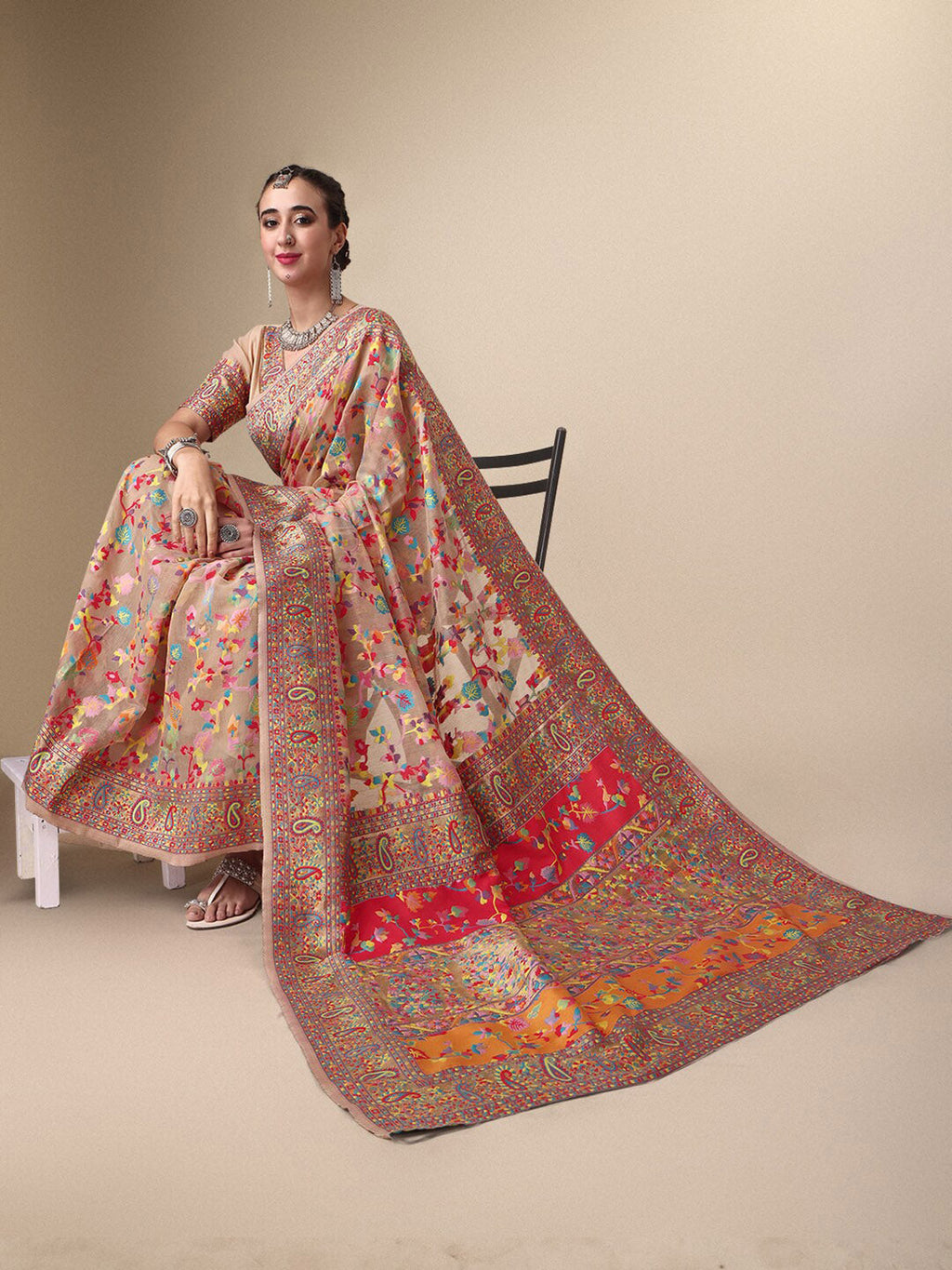 Sangria Beige & Orange Floral Woven Design Pure Silk Saree | Grocsy