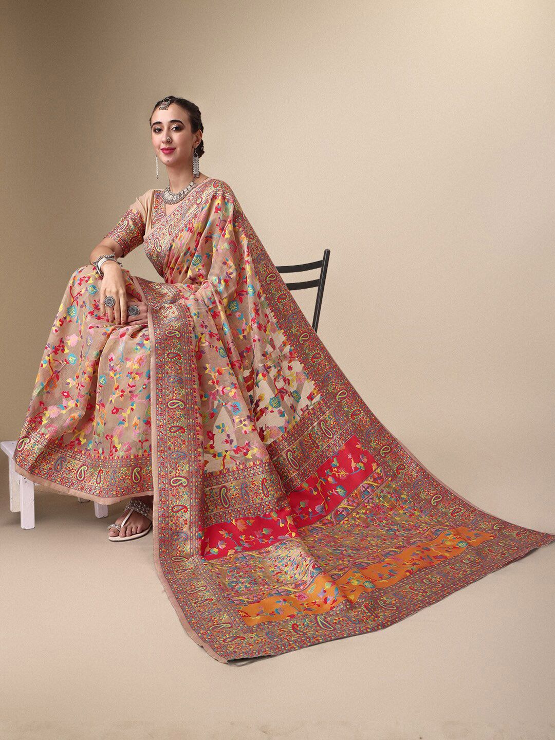 Sangria Beige & Orange Floral Woven Design Pure Silk Saree | Grocsy