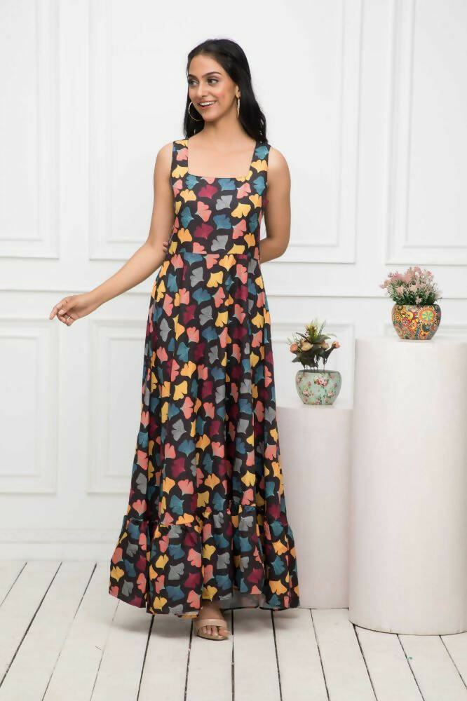 Myshka Women Black Floral Rayon A-Line Round Neck Dress | Grocsy