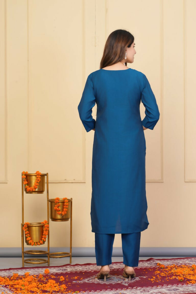 Rama Viscose Chanderi Embroidered Stitched Suit With Dupatta - Tanisha | Grocsy