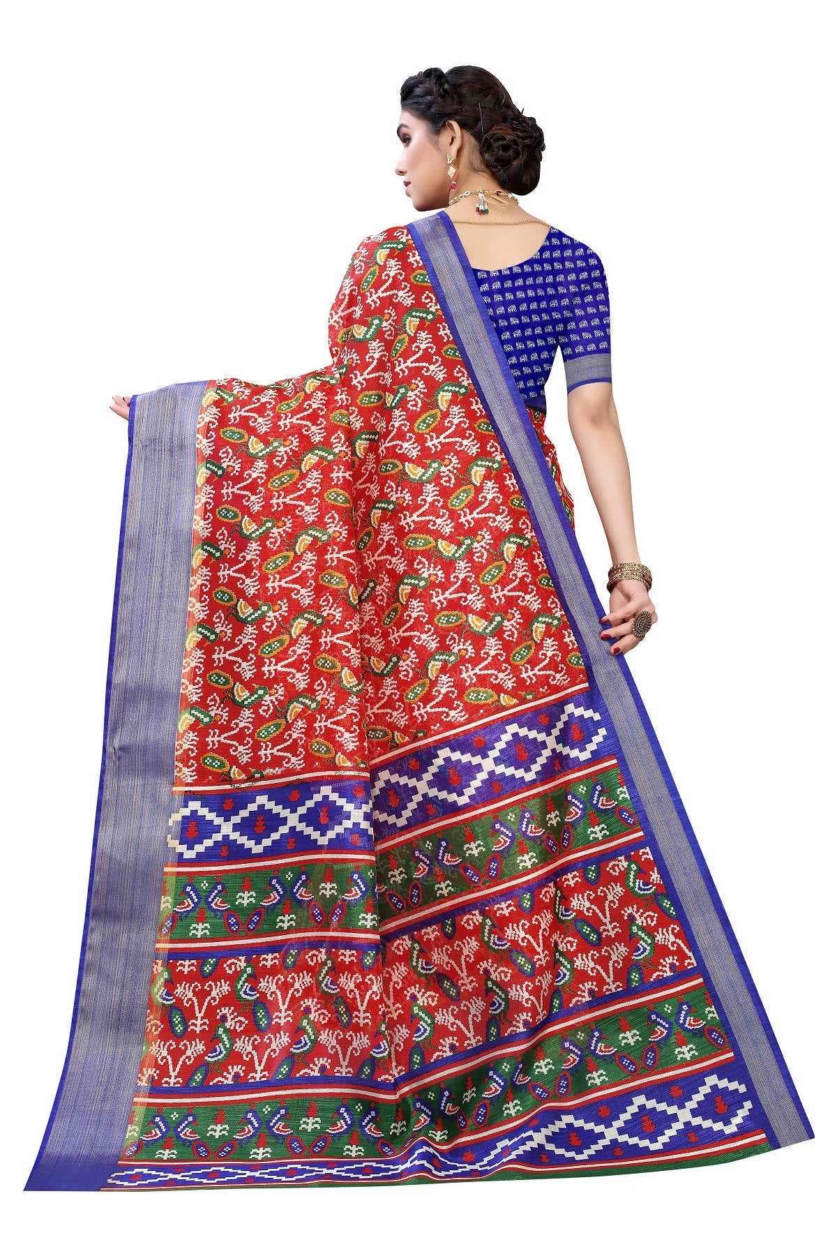 Vamika Red and Blue Linen Jari Border Saree Online At Low Price | Grocsy