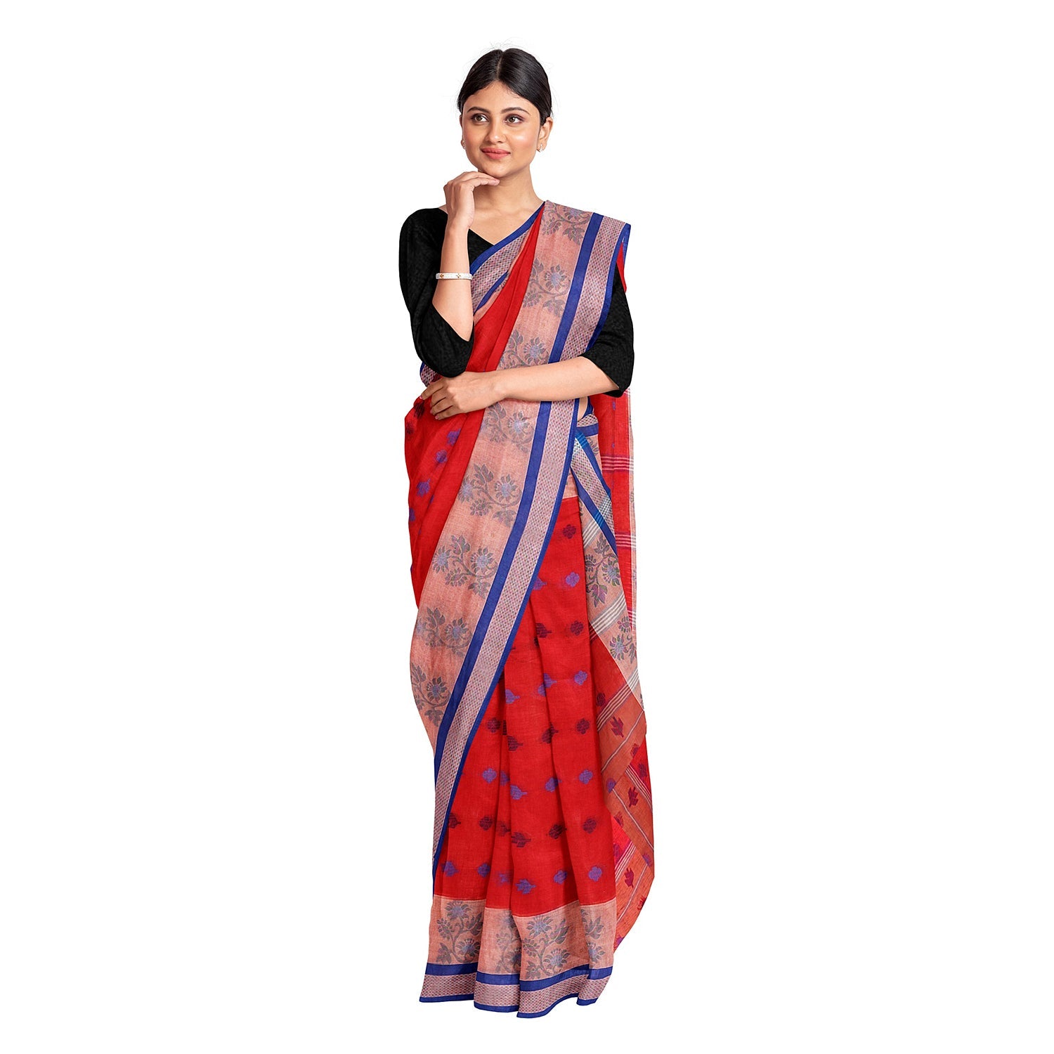 Exclusive Collection 100% Pure Cotton Red Tant Saree With Hand Weaving Work | Grocsy