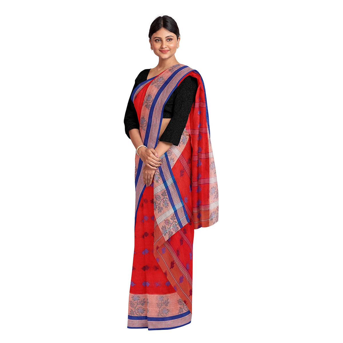 Exclusive Collection 100% Pure Cotton Red Tant Saree With Hand Weaving Work | Grocsy