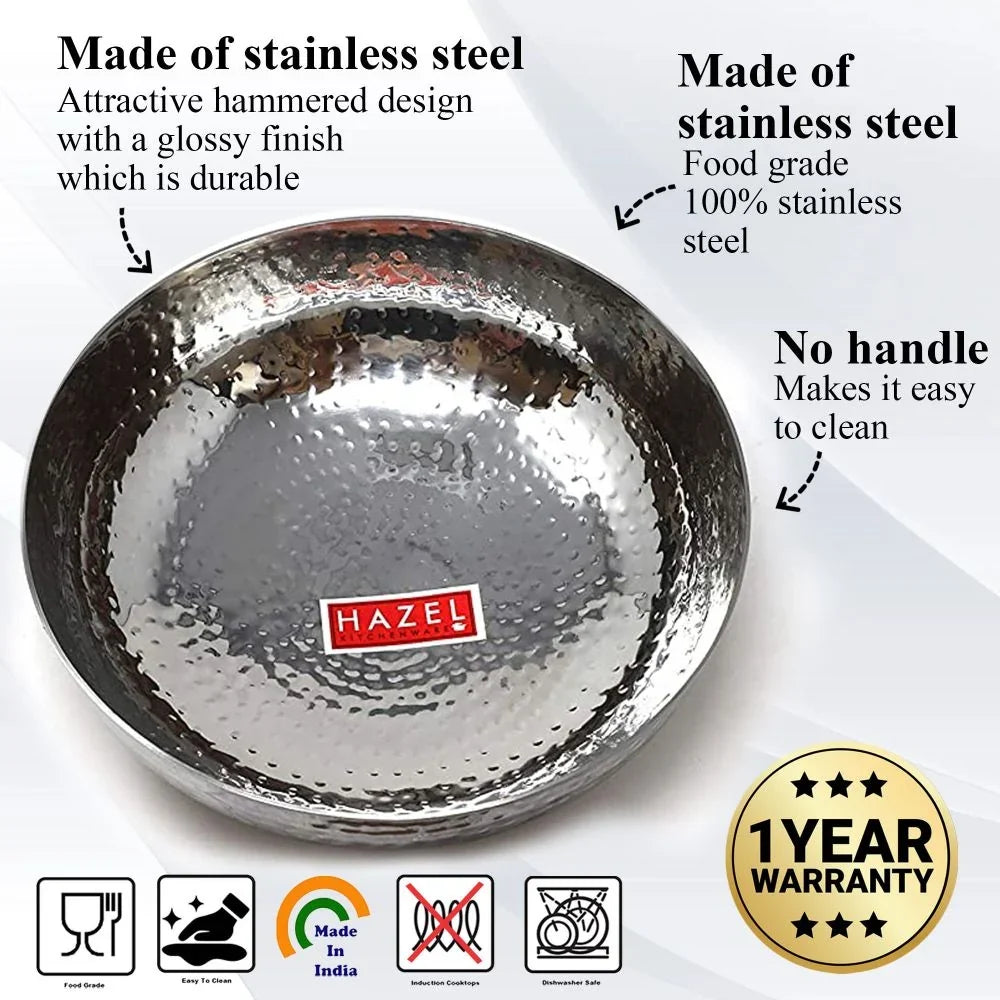 HAZEL Stainless Steel Kadai Without Handle | Hammered Tasra Kadhai, 700 ML | Grocsy