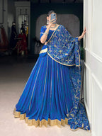 Lorenvalley Fashion Blue Georgette Bandhej Print and Embossed Design Lace with Gota Patti Touch Up Lehenga Choli with Dupatta | Grocsy