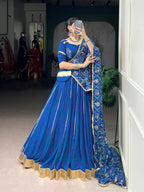 Lorenvalley Fashion Blue Georgette Bandhej Print and Embossed Design Lace with Gota Patti Touch Up Lehenga Choli with Dupatta | Grocsy