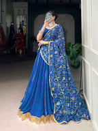 Lorenvalley Fashion Blue Georgette Bandhej Print and Embossed Design Lace with Gota Patti Touch Up Lehenga Choli with Dupatta | Grocsy