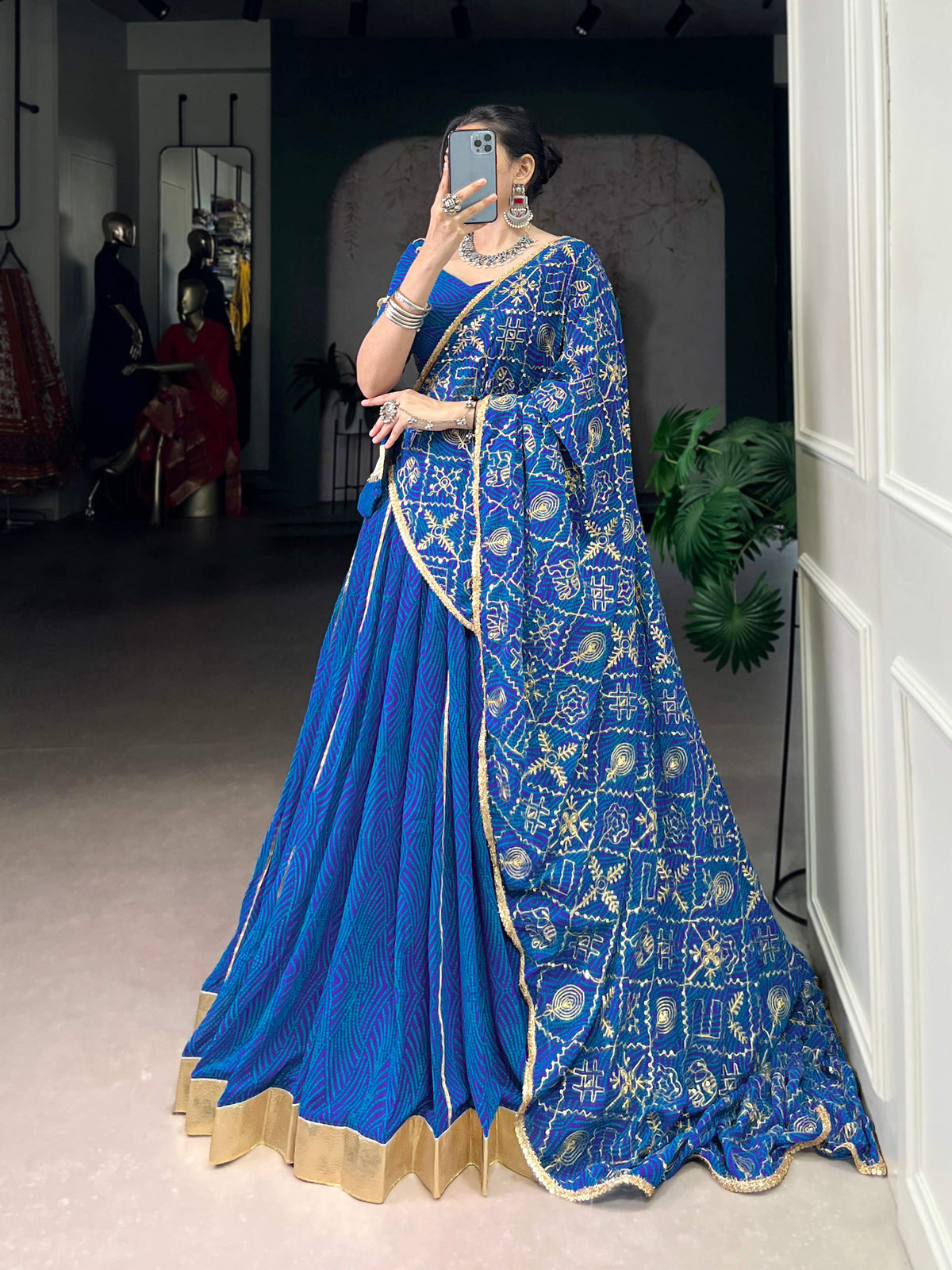 Lorenvalley Fashion Blue Georgette Bandhej Print and Embossed Design Lace with Gota Patti Touch Up Lehenga Choli with Dupatta | Grocsy