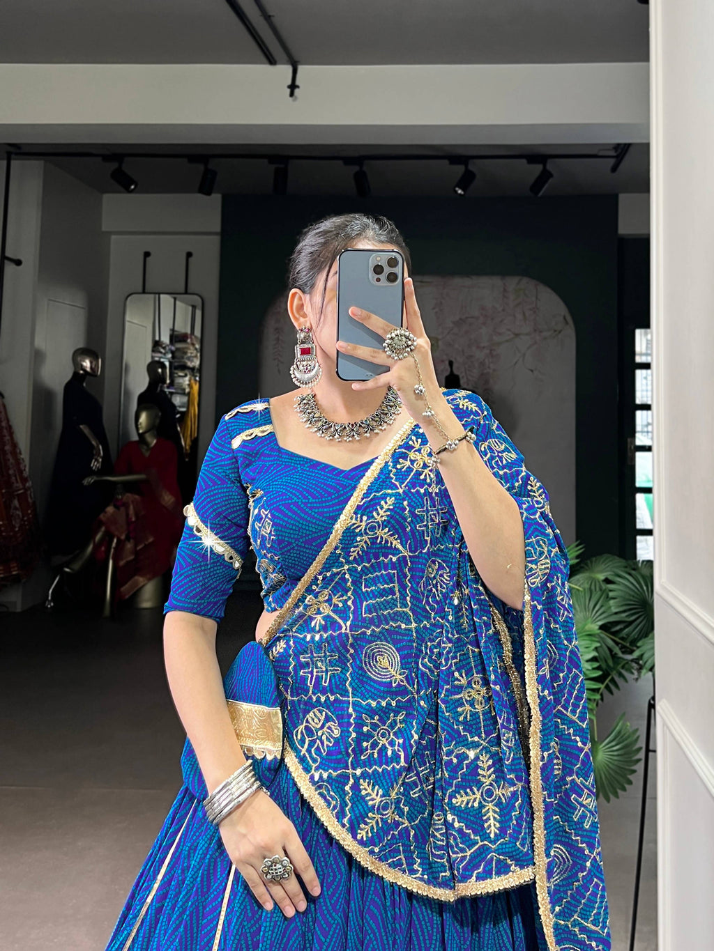 Lorenvalley Fashion Blue Georgette Bandhej Print and Embossed Design Lace with Gota Patti Touch Up Lehenga Choli with Dupatta | Grocsy