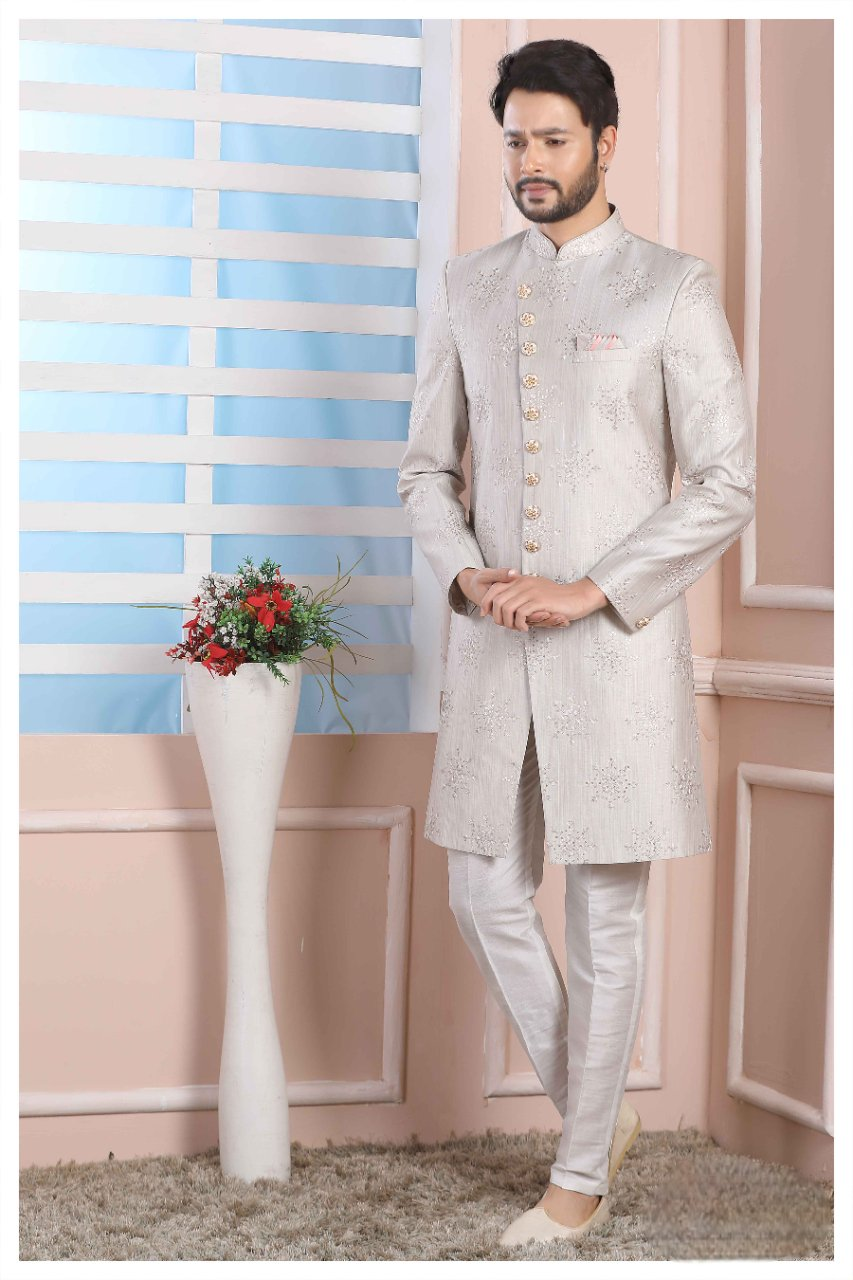 Raivat Ethnic Art Silk Thread Work Indo Western In Light Grey Colour | Grocsy