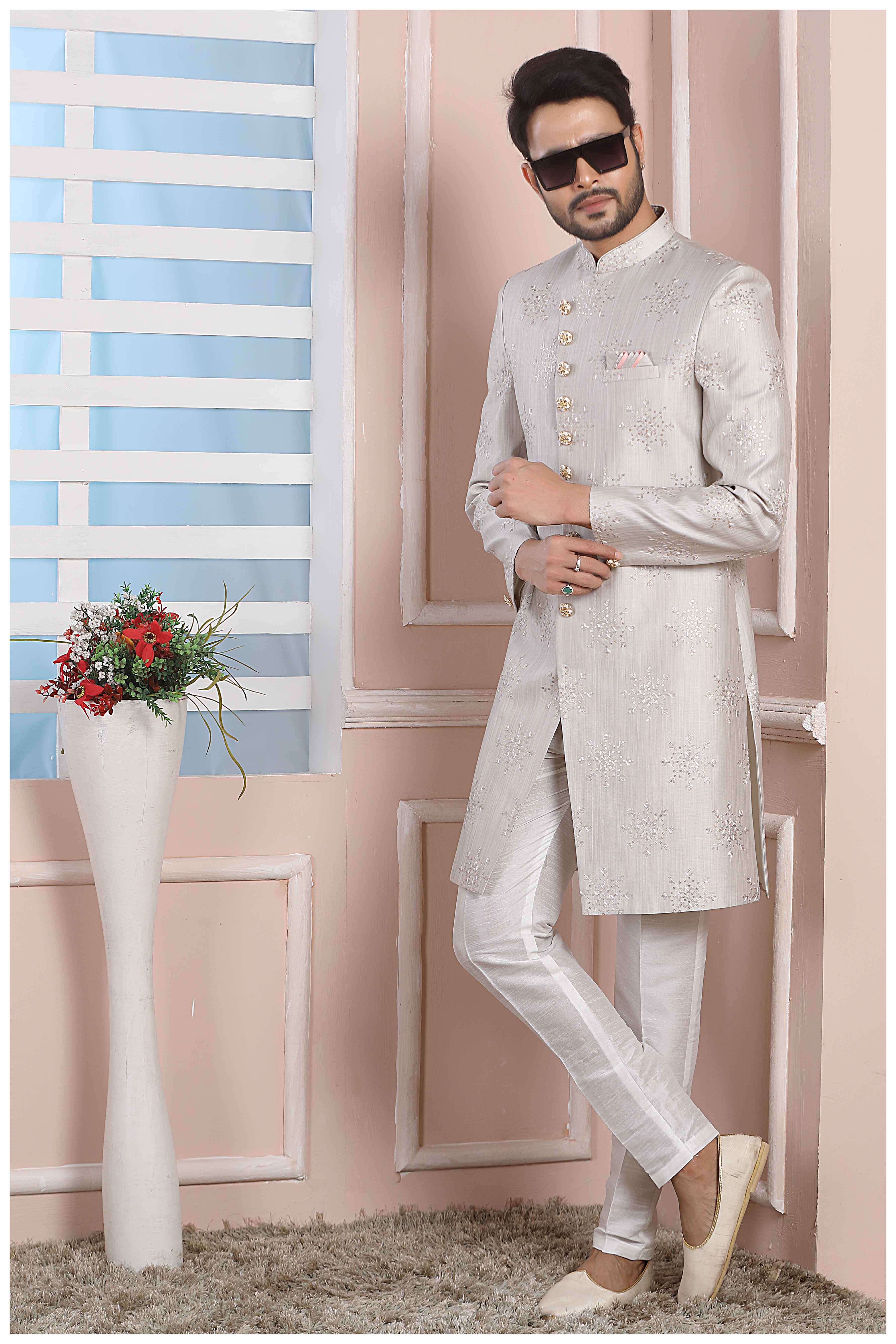 Raivat Ethnic Art Silk Thread Work Indo Western In Light Grey Colour | Grocsy