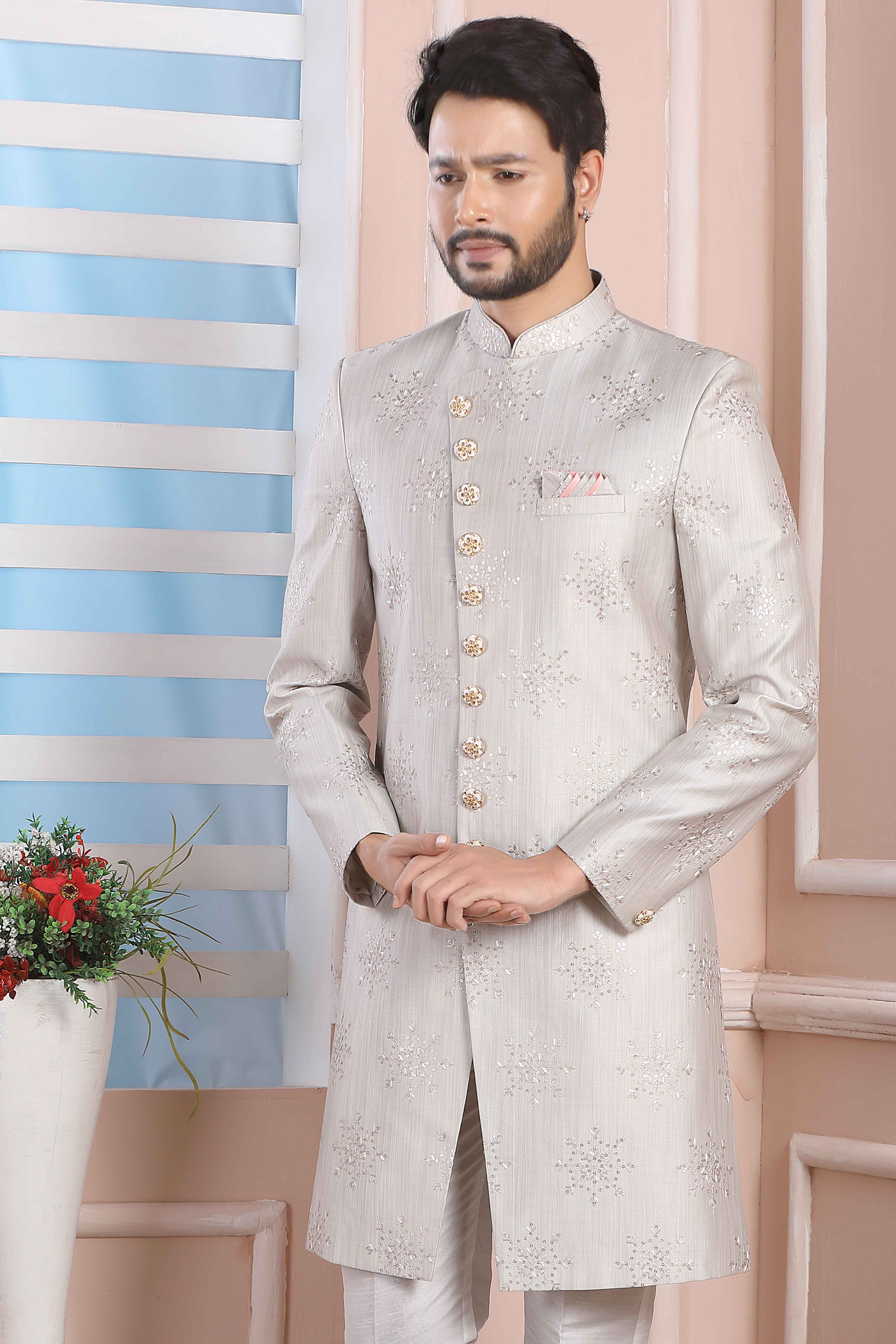 Raivat Ethnic Art Silk Thread Work Indo Western In Light Grey Colour | Grocsy
