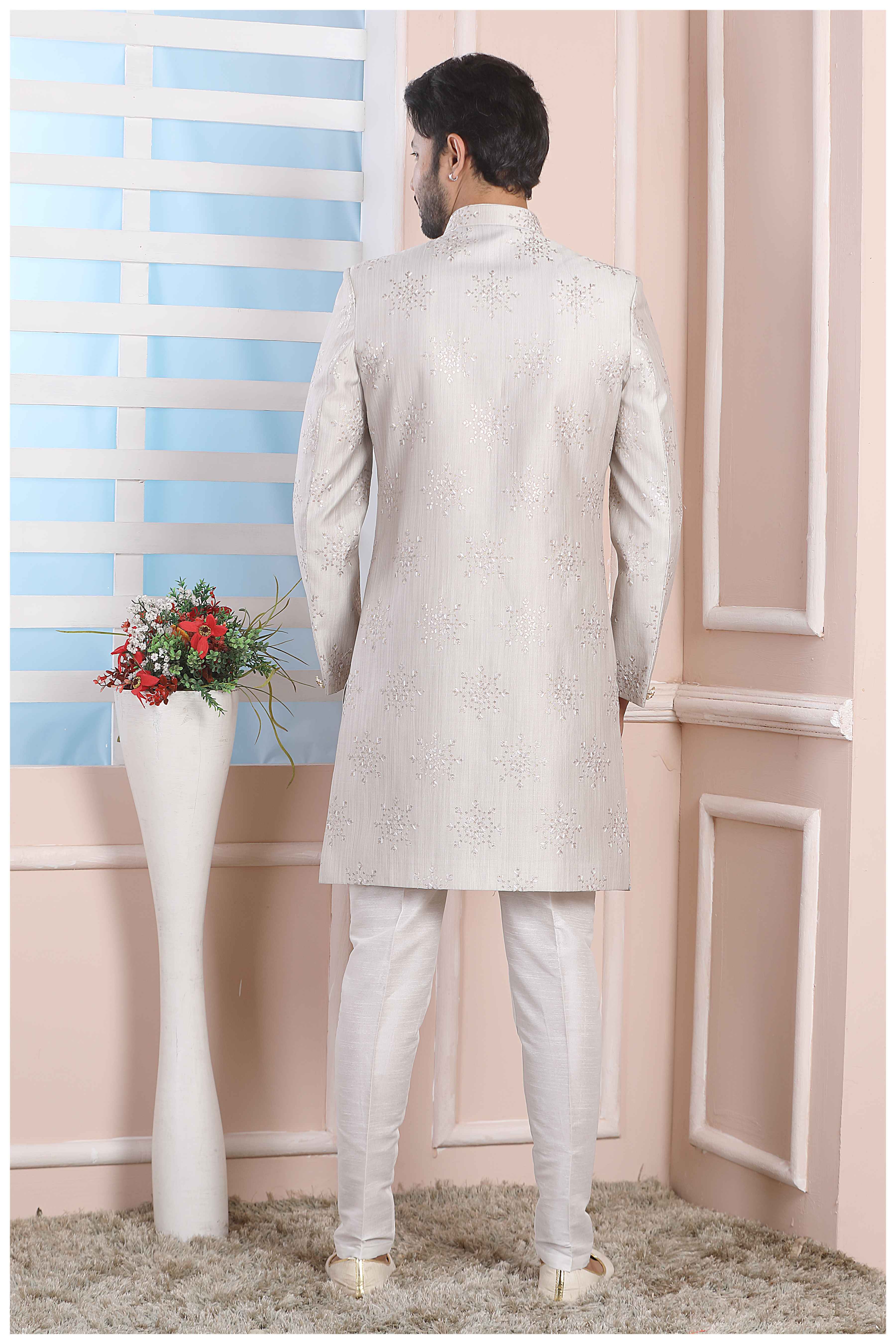 Raivat Ethnic Art Silk Thread Work Indo Western In Light Grey Colour | Grocsy