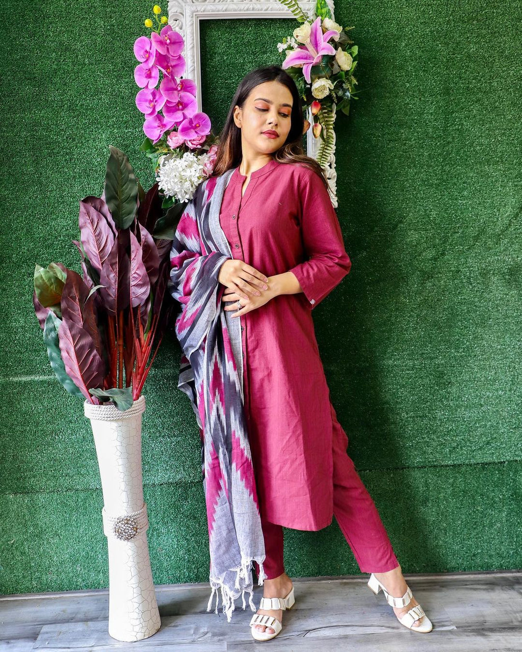 Jompers Women Maroon & Grey Solid Kurta with Trousers & Dupatta | Grocsy