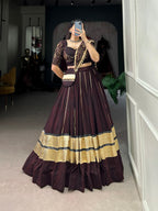 Lorenvalley Fashion Black and Maroon Georgette Bandhej Print And Embossed Design Lace With Paper Mirror Lace And Gota Patti Touch Up Lehenga Choli with Dupatta | Grocsy