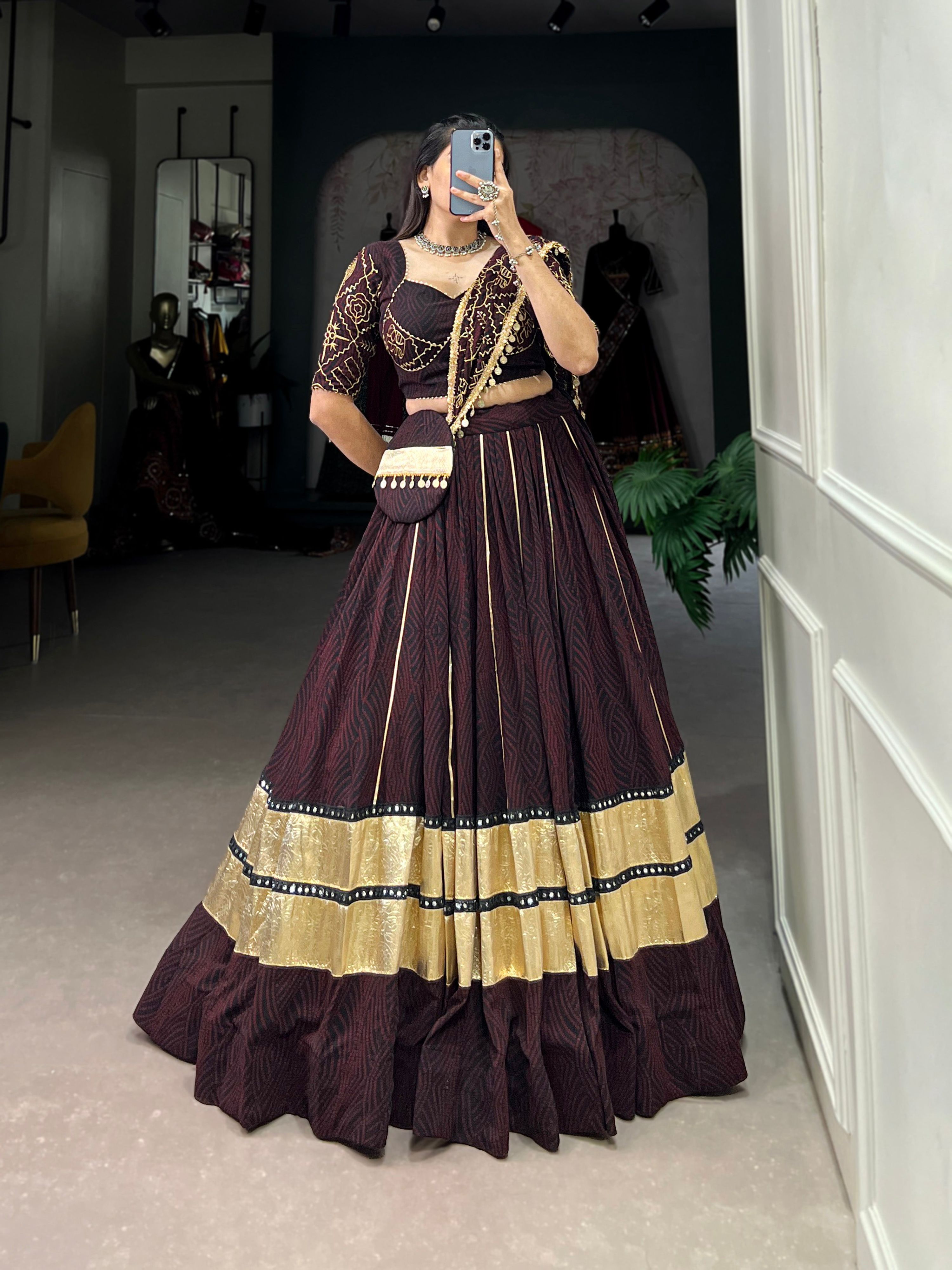 Lorenvalley Fashion Black and Maroon Georgette Bandhej Print And Embossed Design Lace With Paper Mirror Lace And Gota Patti Touch Up Lehenga Choli with Dupatta | Grocsy