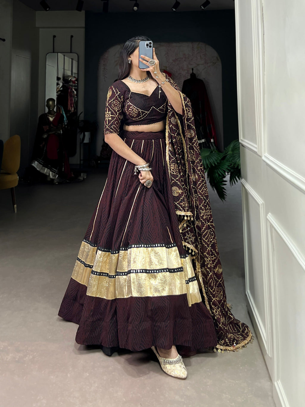 Lorenvalley Fashion Black and Maroon Georgette Bandhej Print And Embossed Design Lace With Paper Mirror Lace And Gota Patti Touch Up Lehenga Choli with Dupatta | Grocsy
