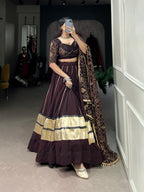 Lorenvalley Fashion Black and Maroon Georgette Bandhej Print And Embossed Design Lace With Paper Mirror Lace And Gota Patti Touch Up Lehenga Choli with Dupatta | Grocsy