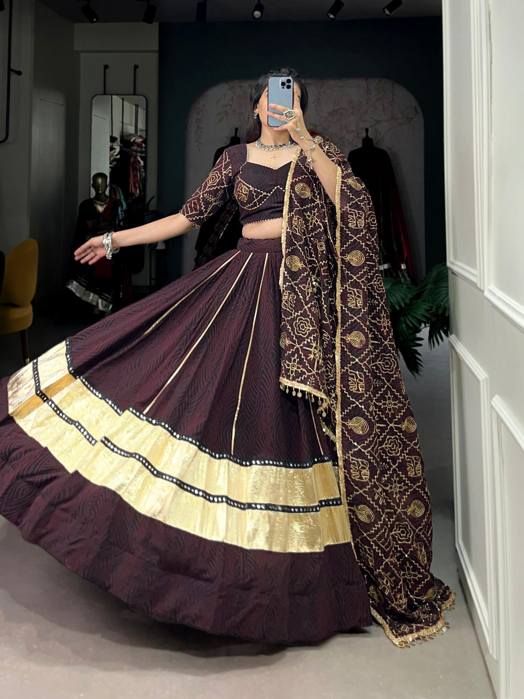 Lorenvalley Fashion Black and Maroon Georgette Bandhej Print And Embossed Design Lace With Paper Mirror Lace And Gota Patti Touch Up Lehenga Choli with Dupatta | Grocsy
