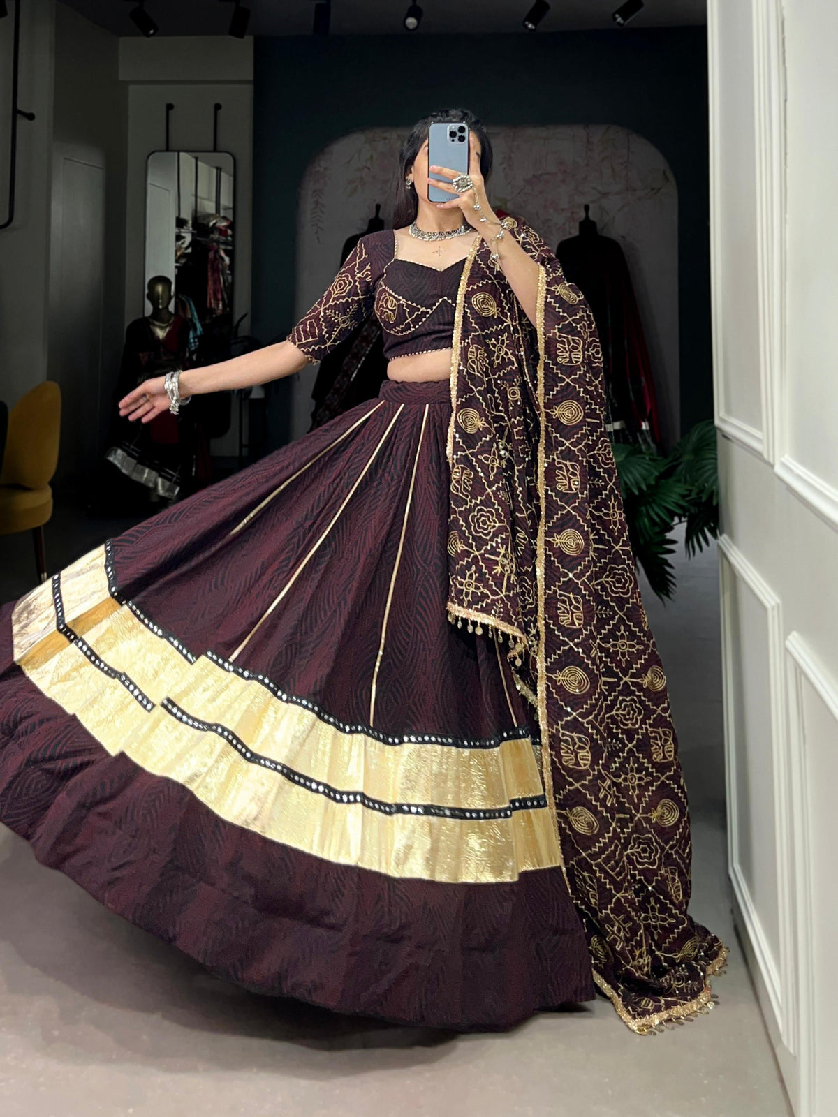 Lorenvalley Fashion Black and Maroon Georgette Bandhej Print And Embossed Design Lace With Paper Mirror Lace And Gota Patti Touch Up Lehenga Choli with Dupatta | Grocsy