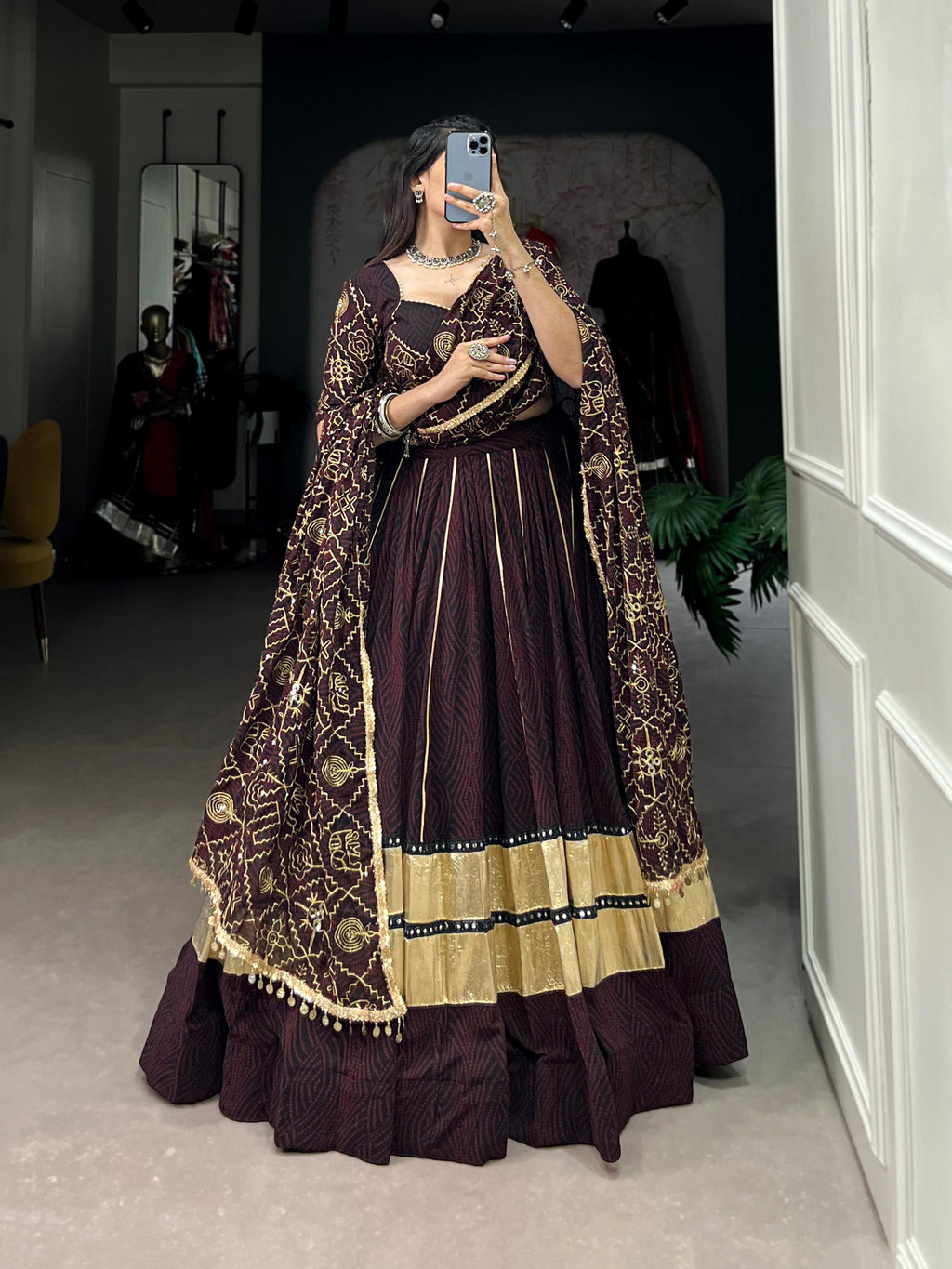Lorenvalley Fashion Black and Maroon Georgette Bandhej Print And Embossed Design Lace With Paper Mirror Lace And Gota Patti Touch Up Lehenga Choli with Dupatta | Grocsy