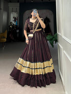 Lorenvalley Fashion Black and Maroon Georgette Bandhej Print And Embossed Design Lace With Paper Mirror Lace And Gota Patti Touch Up Lehenga Choli with Dupatta | Grocsy