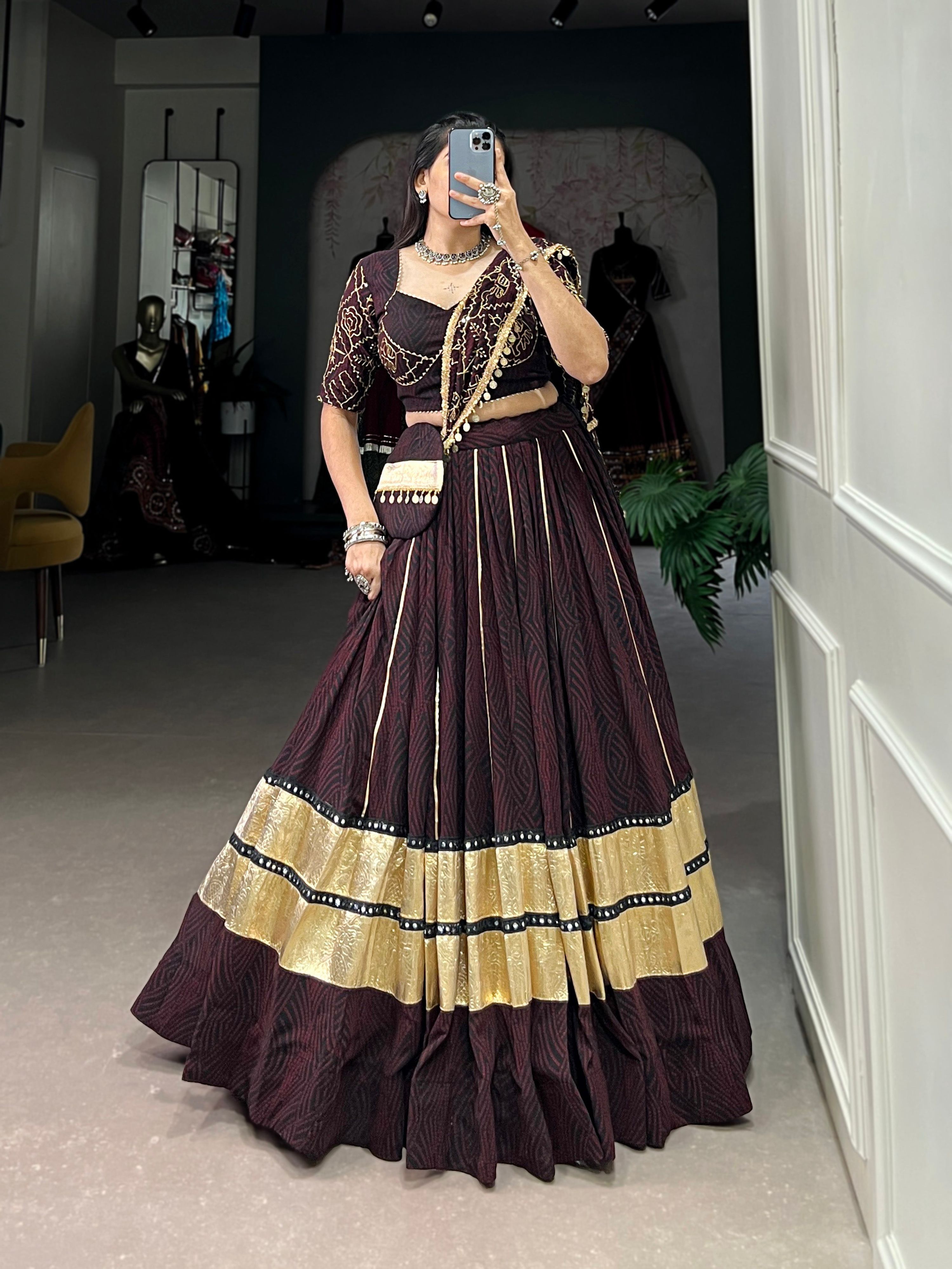 Lorenvalley Fashion Black and Maroon Georgette Bandhej Print And Embossed Design Lace With Paper Mirror Lace And Gota Patti Touch Up Lehenga Choli with Dupatta | Grocsy