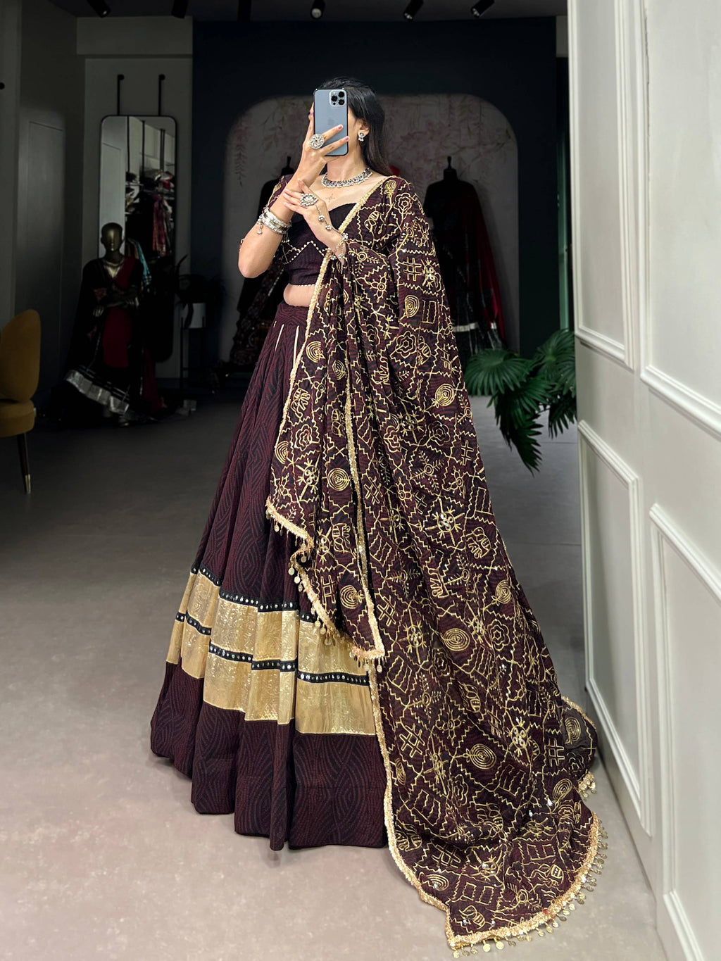 Lorenvalley Fashion Black and Maroon Georgette Bandhej Print And Embossed Design Lace With Paper Mirror Lace And Gota Patti Touch Up Lehenga Choli with Dupatta | Grocsy