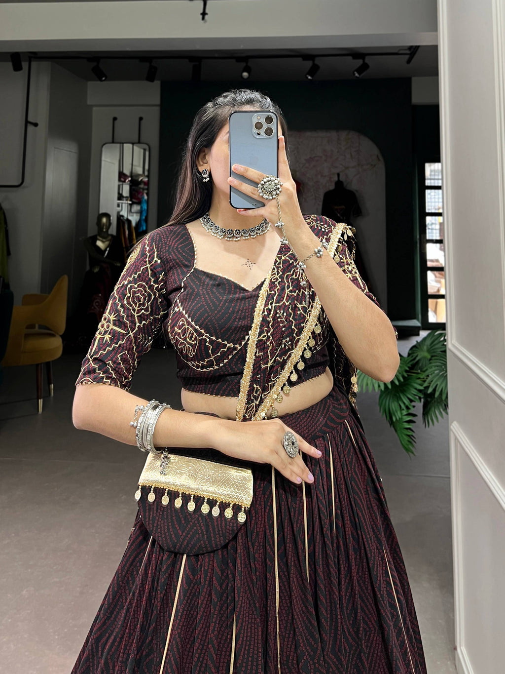 Lorenvalley Fashion Black and Maroon Georgette Bandhej Print And Embossed Design Lace With Paper Mirror Lace And Gota Patti Touch Up Lehenga Choli with Dupatta | Grocsy