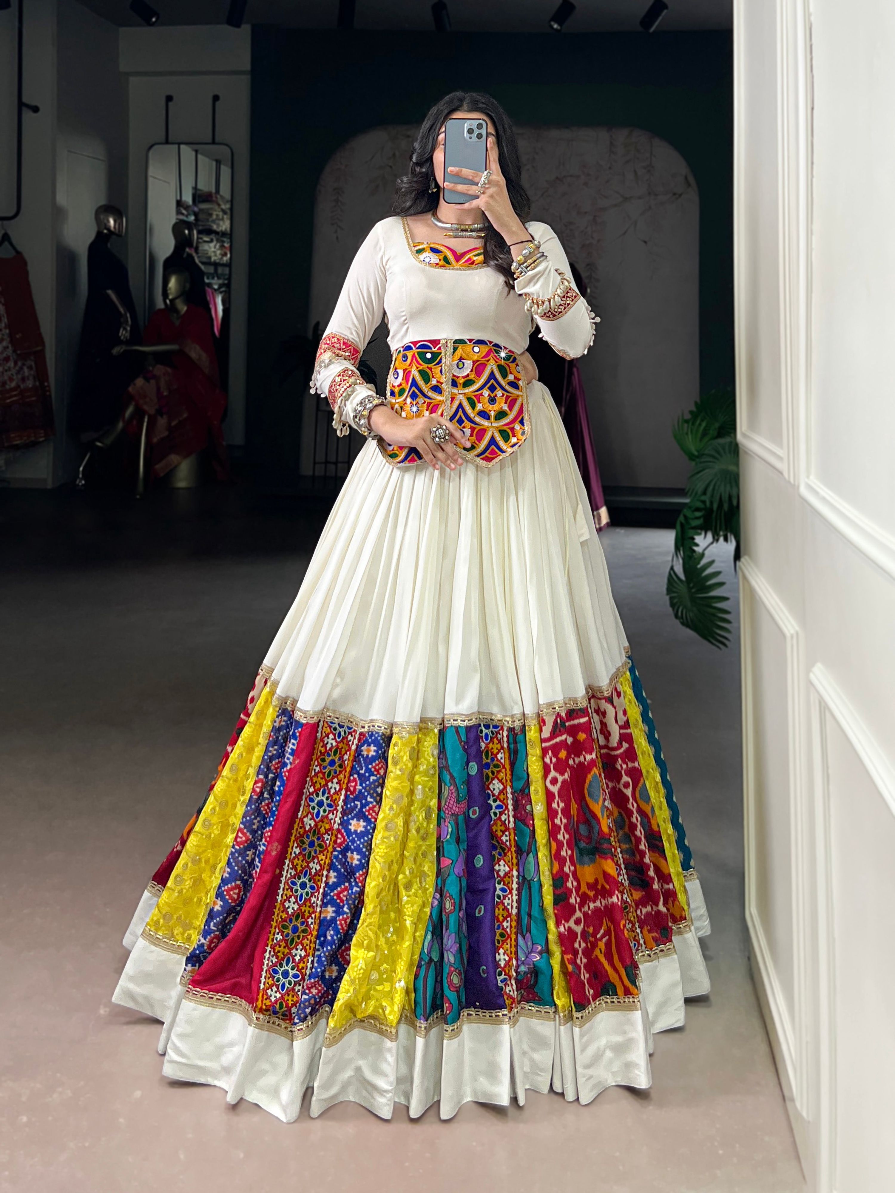 Lorenvalley Fashion White Pure Rayon Multi Colour Patch With Lace Touch Up Lehenga Choli | Grocsy