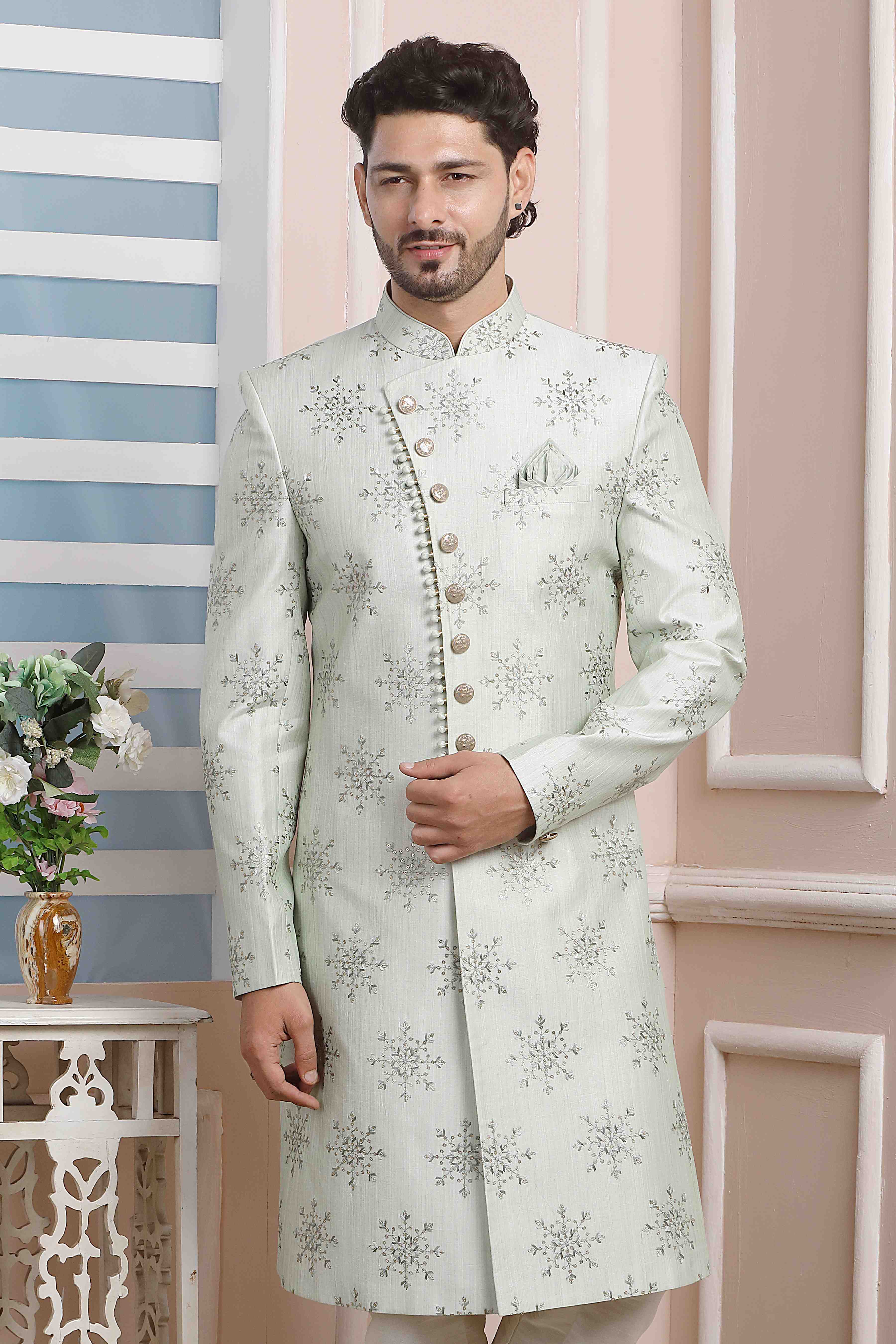 Raivat Ethnic Art Silk Thread Work Indo Western In Pista Green Colour | Grocsy