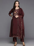 Indo Era Maroon Embroidered A-Line Kurta Trousers With Dupatta Set | Grocsy