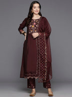 Indo Era Maroon Embroidered A-Line Kurta Trousers With Dupatta Set | Grocsy