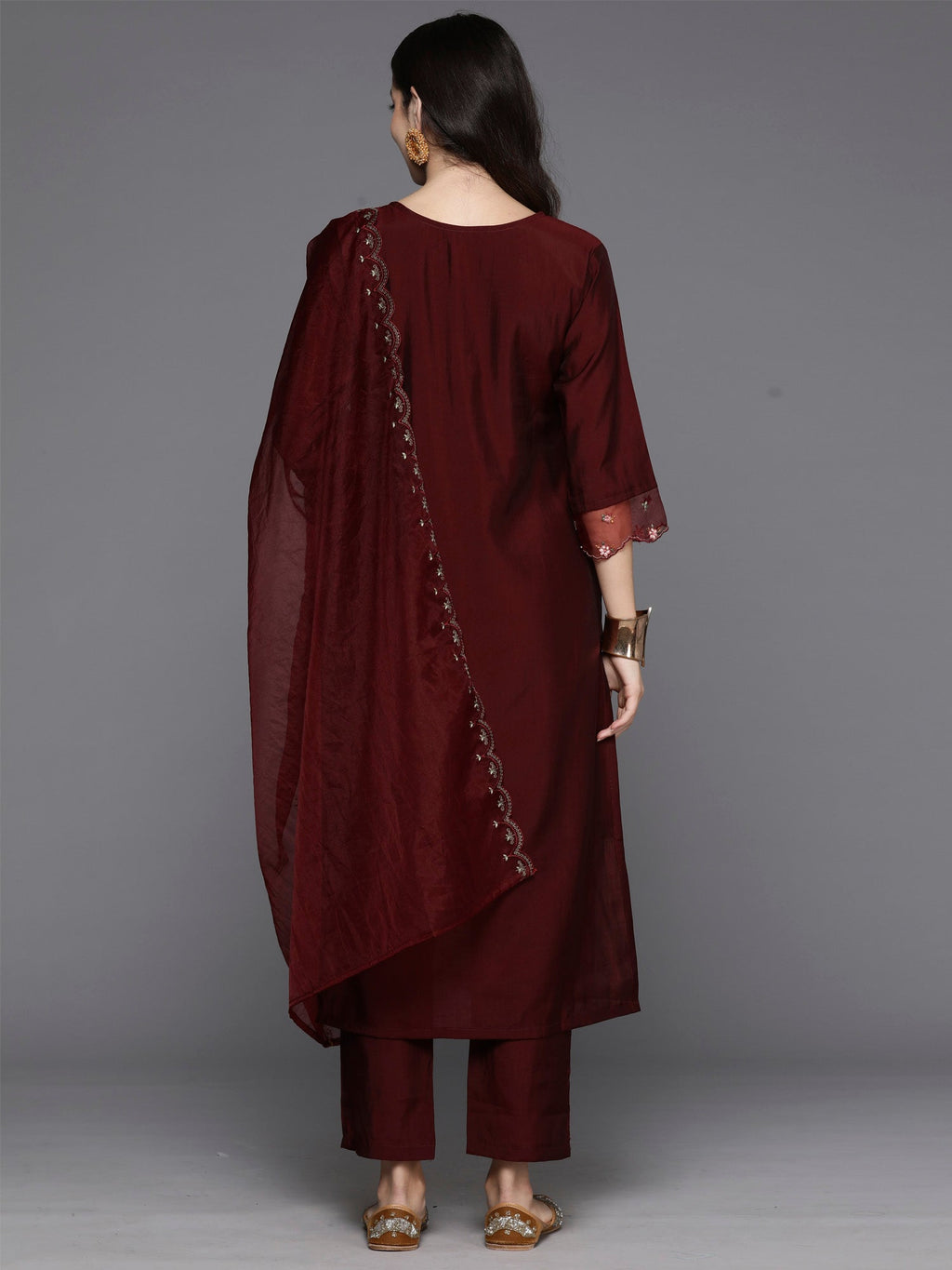 Indo Era Maroon Embroidered A-Line Kurta Trousers With Dupatta Set | Grocsy
